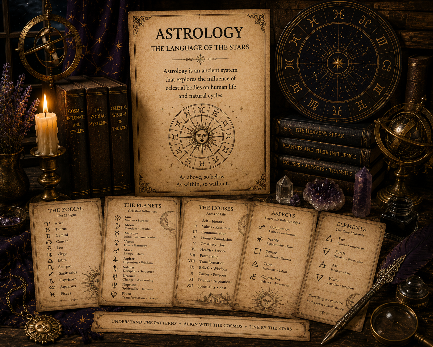 An info-graphic laying out various correspondences for astrology; zodiacs, planets, houses, aspects, elements.