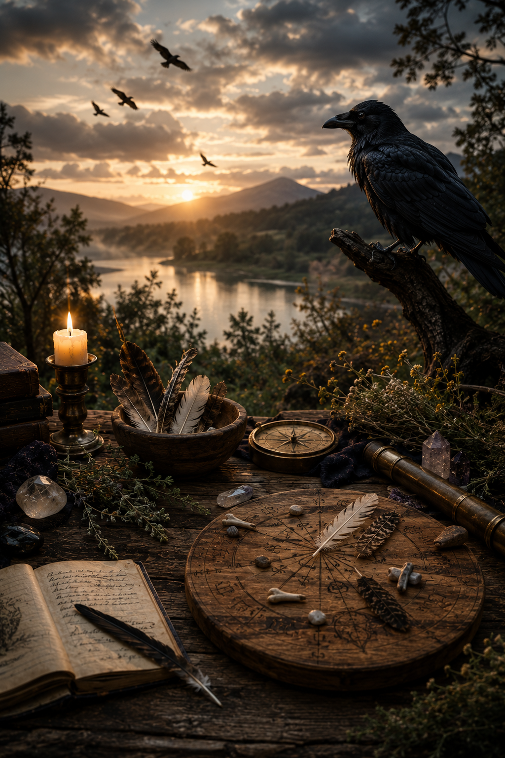 Bird silhouettes against a setting or rising sun, nature, and occult tools for performing augury and reading omens is visible laid out on the ground.