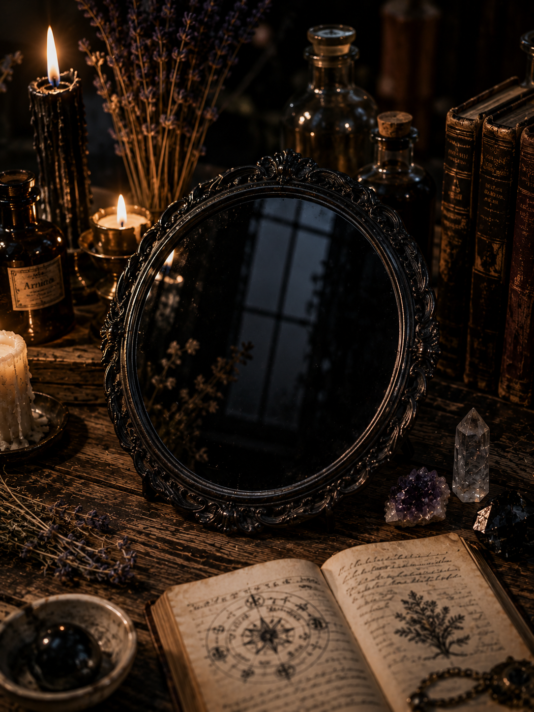 A gorgeous gothic-victorian round black mirror with a lovely old antique frame, candles burn around it and crystals lie around.