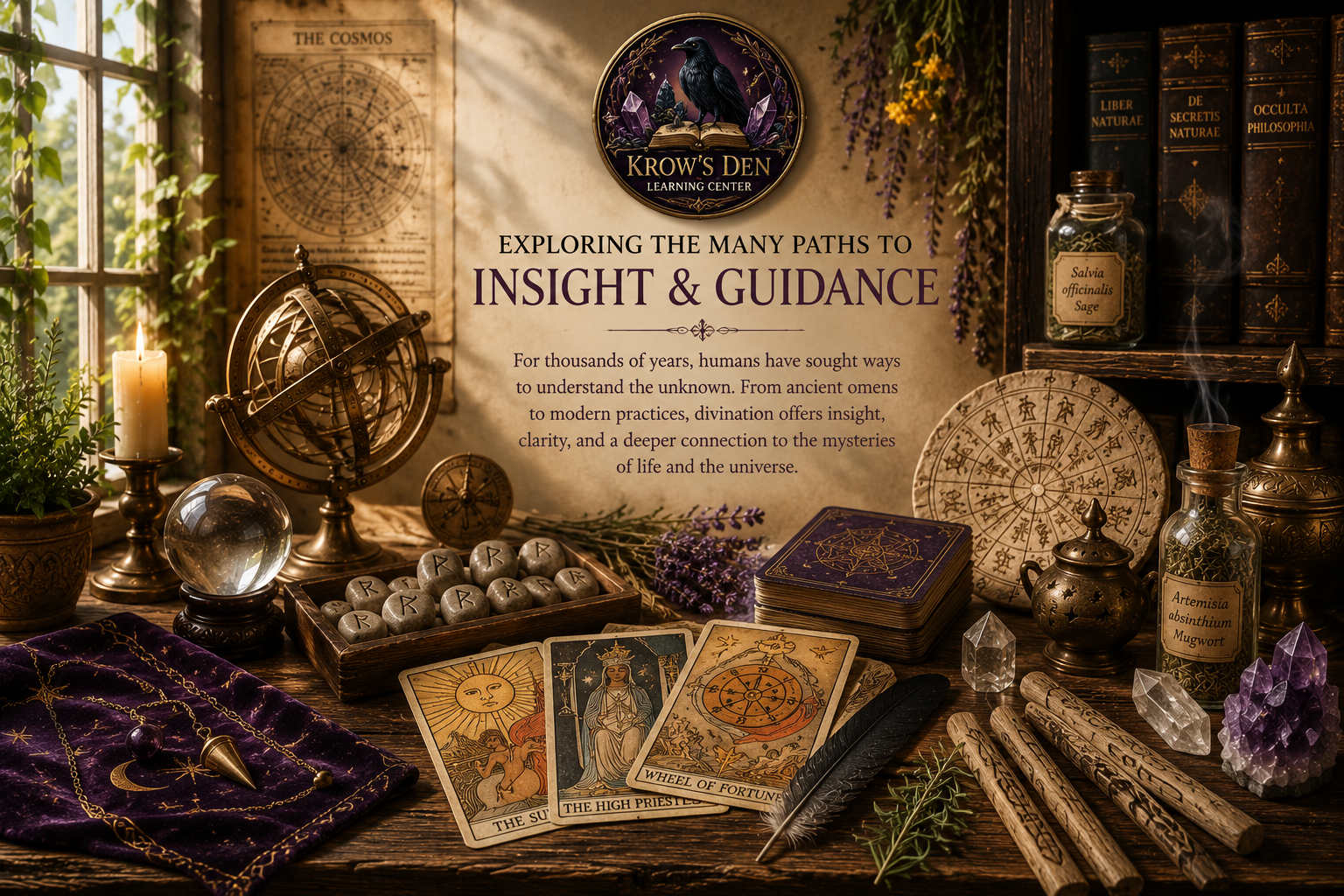 exploring the many paths to insight and guidance - tarot cards, runes, tea leaves, incense, crystal balls, and other tools used for divination are scattered around a wooden shelf in a witchy cottage.