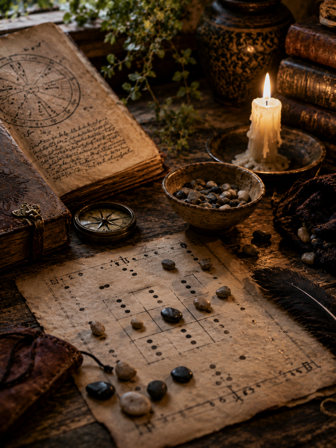 A candle burns and a bowl full of stones sits in front of a geomancy scroll.