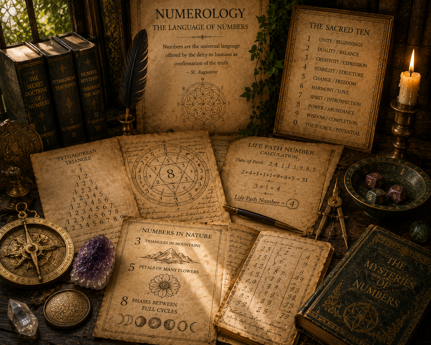 A wooden altar with scattered papers, books, and scrolls that contain symbols and information on numbers and numerology.