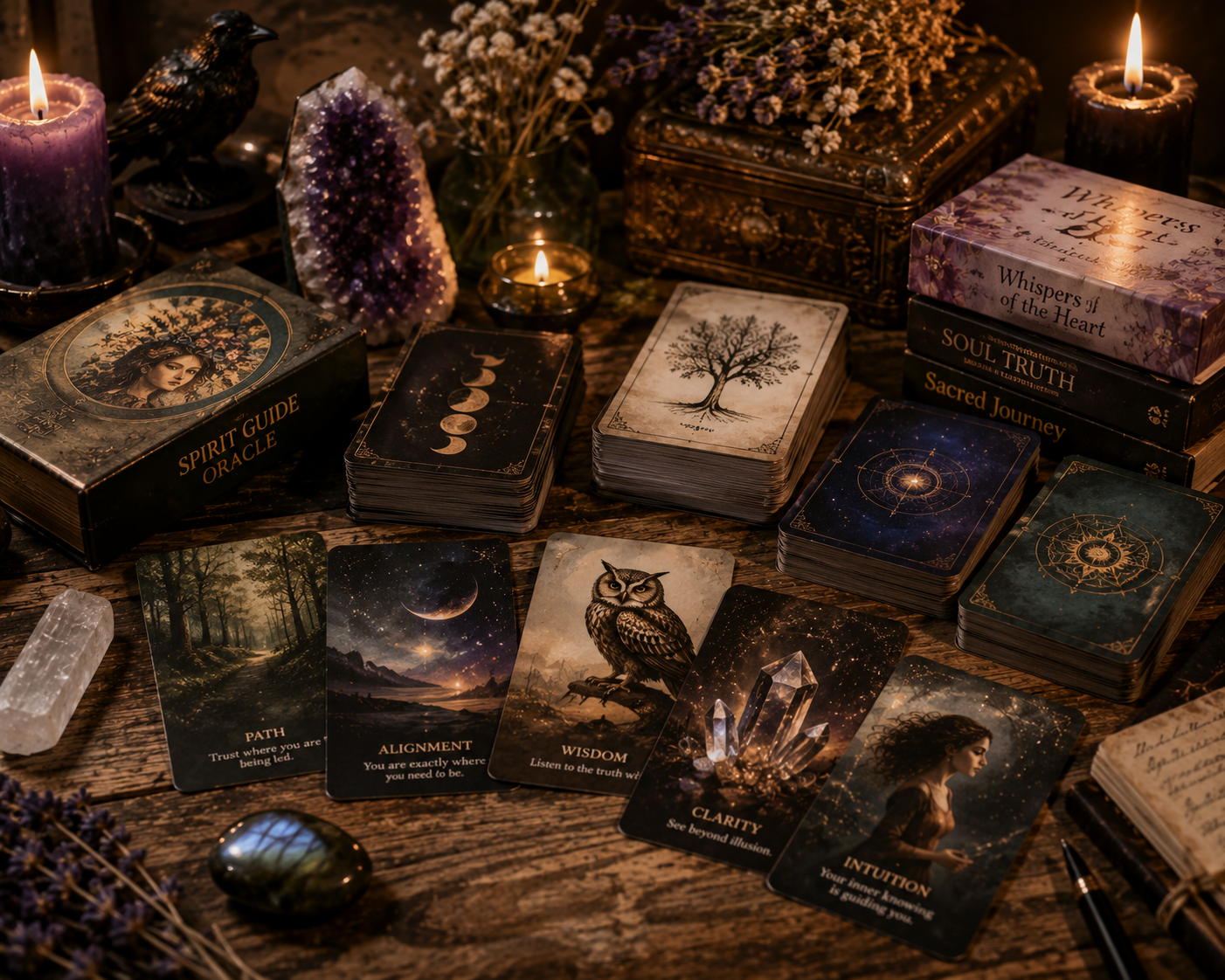 Several tarot-like decks containing the oracle system of divination.
