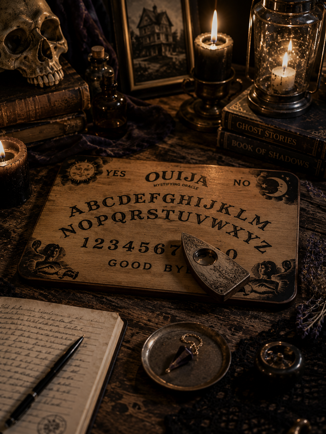 Close-up view of a wooden ouija board that spells out the alphabet, 1234567890, yes, no, and good bye.