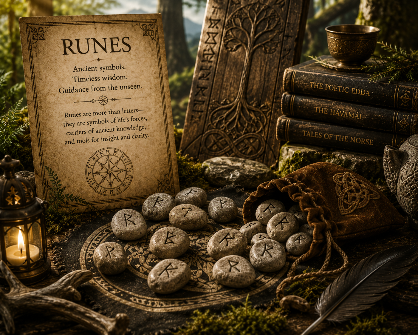 Runes carved from stone, spilling from a leather pouch with a triquetra symbol embroidered on it, occupy the center of the image, the runes are flanked by a scroll, carvings, candles, herbs, a chalice, a crow feather and a stack of magick books.