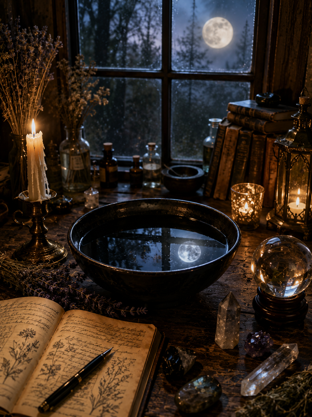 A wooden bowl sits on a ledge near a window on a full moon, crystals, feathers, notebooks, potions, and other magickal trappings for scrying lie around the window ledge.