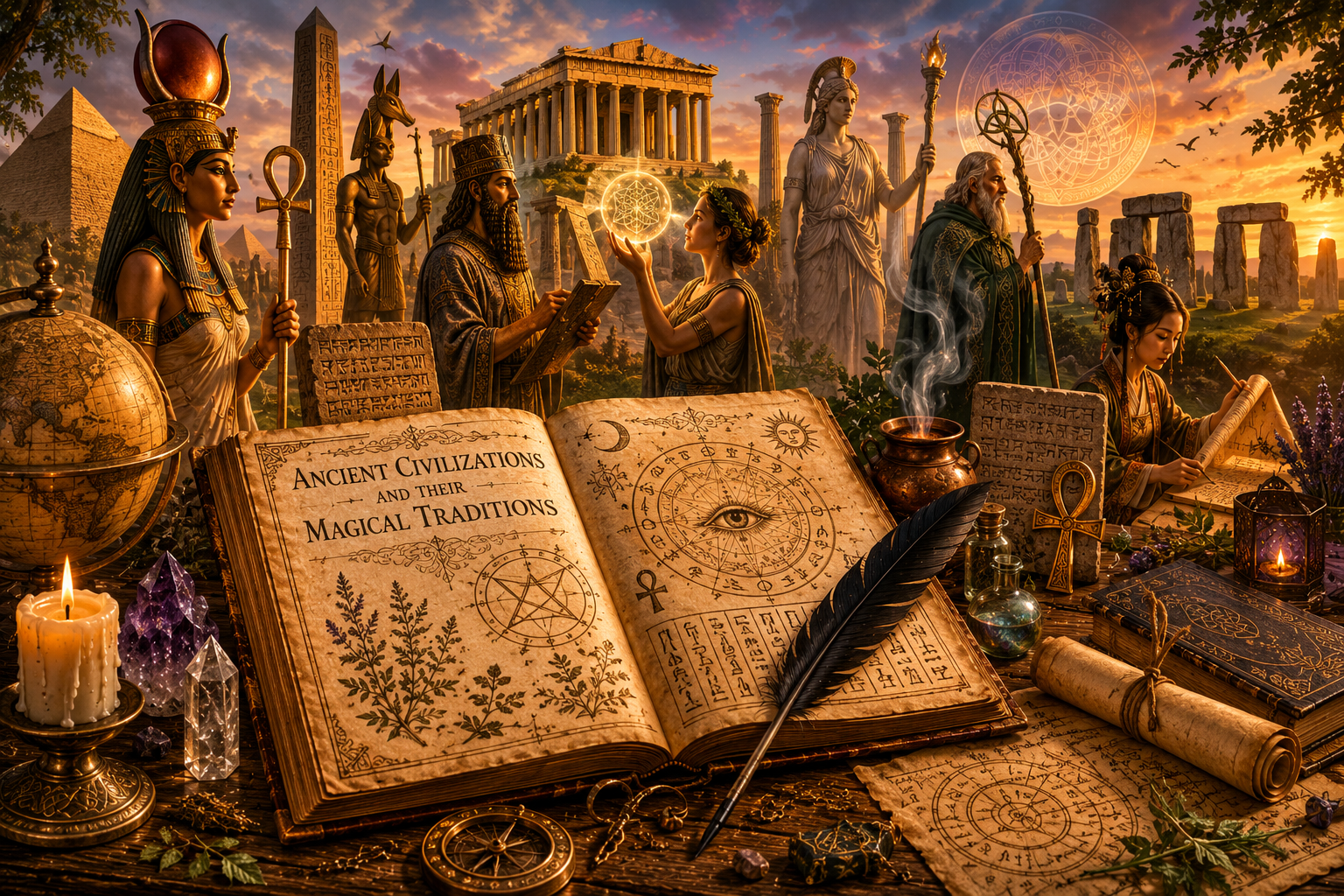 Ancient civilizations and their magickal traditions is scrawled across the top left page of an open ancient-looking grimoire featuring symbols and runes used by our ancestors who practiced magick.