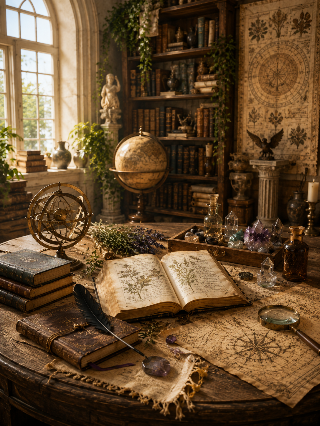 An ancient-looking grimoire lies open upon a dusty round table that is laden with magickal items and tools like crystals, herbs, stacks of books, potions in bottles, a globe, and a map and magnifying glass.