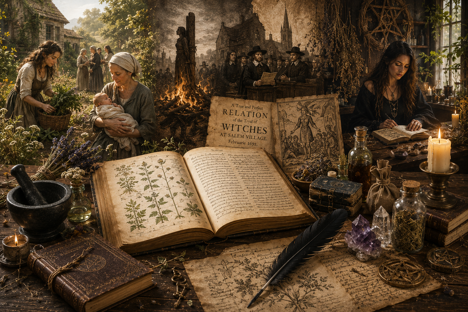 An open grimoire in the center of a painting depicting the history of witchcraft; in the top center, burning witches, in the right-center a young pretty witch reads from an open book of magick, in the bottom center are herbal charts and magickal informations with a sigil, crystals, and herbs, on the left center and upper left side, a group of historical-looking witches work in their garden gathering herbs.