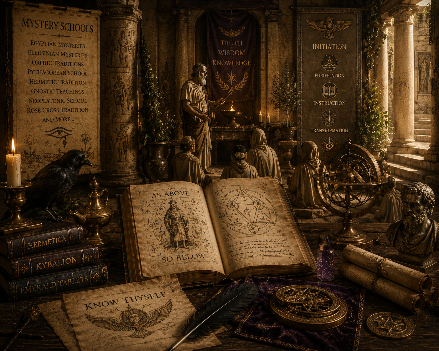 Golden sigils, scrolls, and open grimoires take up most of the space in this graphic, in the background there are ancient-looking philosphers and magicians and sorcerers, stone pillars, magickal trees, altars, burning candles, and stairs leading to additional halls of magick and mystery.