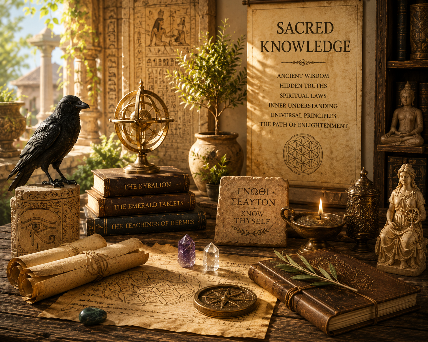 Sacred knowldge; a crow stands on a stone container with ancient egyptian magickal seals engraved in it, magickal books are stacked up in a pile beside stone tablets and posters featuring sacred knowledge quotes, candles are lit, statues of deity are present as are herbs, crystals, incense, scrolls, and books.