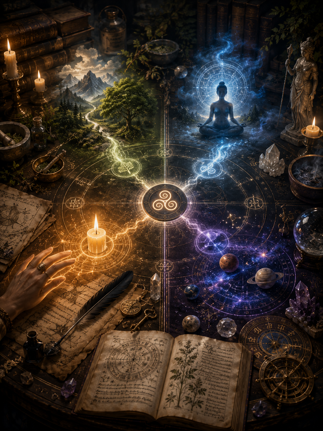 A mystical scene featuring the foundations of magick; a magickal circle including meditation, wisdom, herbs, crystals, energy, astrology signs, sigils, potions, stars, and candles burning.