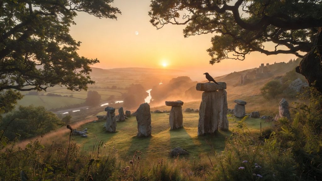 Picturesque stonehenge-like rock formation on a hillsidewith the sun setting or rising in the distance, the moon is also in the sky and a crow sits on a nearby stone.